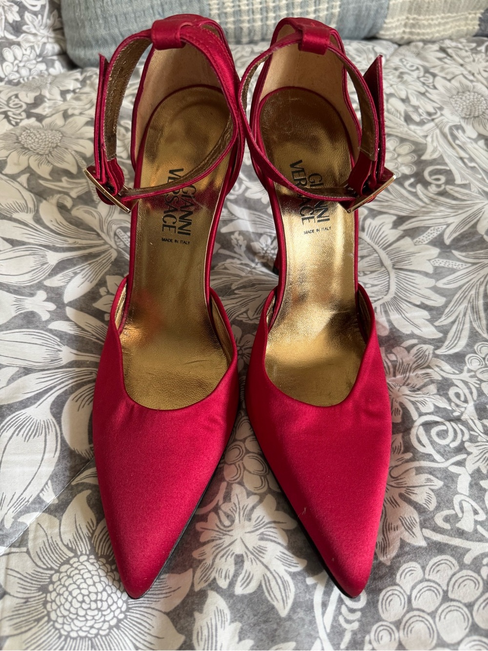 Versace Burgundy Satin Pointed-Toe Ankle-Straps